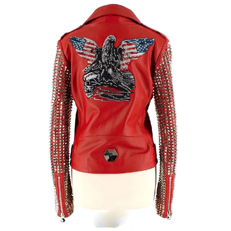 New Red studded Fashion Motorcycle Biker Leather Jacket For Women