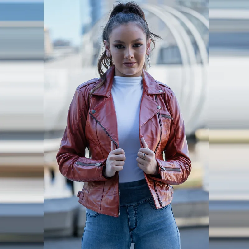 New Red Women RAF Lambskin Leather Biker Jacket