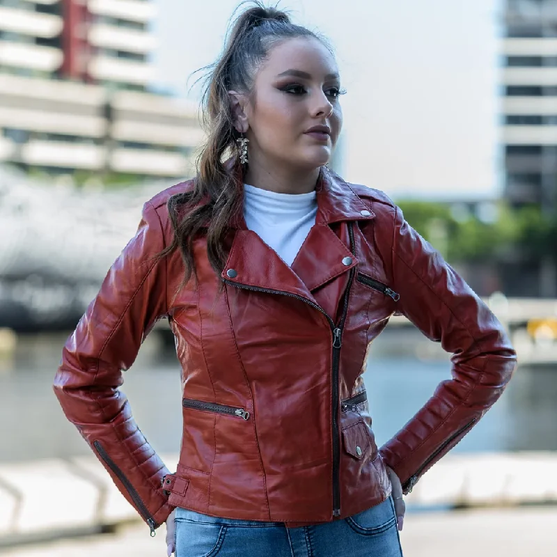 New Red Women RAF Lambskin Leather Biker Jacket