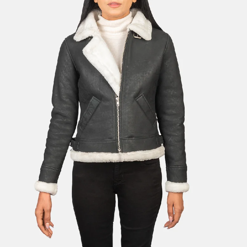 New Women Sheepskin Black & White Leather Bomber Jacket