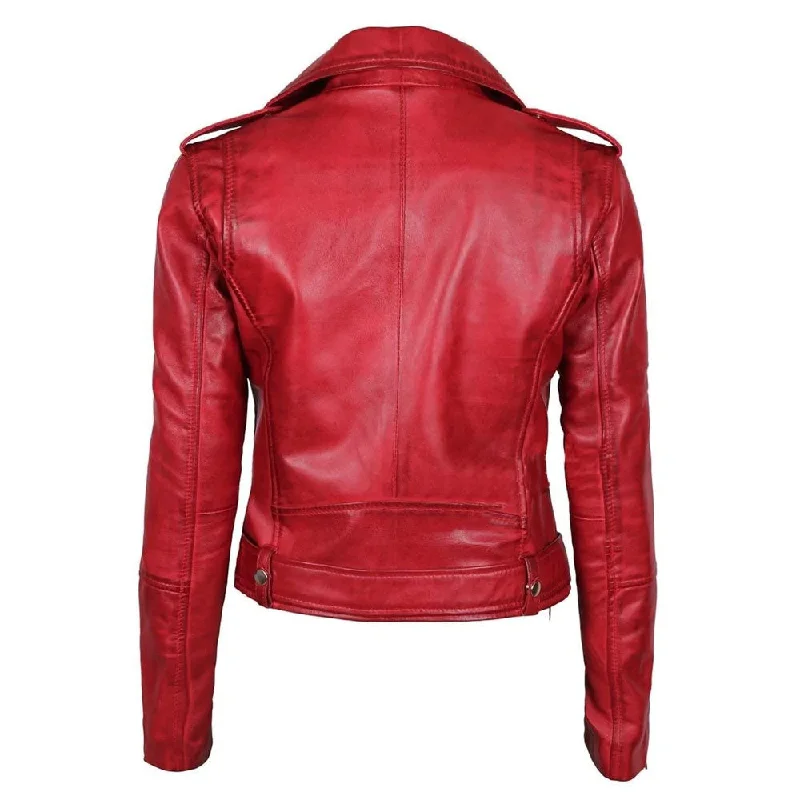 New Women Sheepskin Stylish Red Leather Biker Jacket