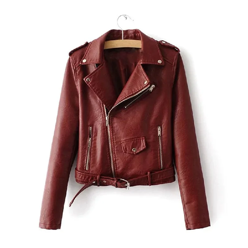 New Women's 2024 Sheepskin  Biker Red Leather Jacket