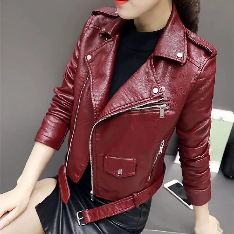 New Women's 2024 Sheepskin  Biker Red Leather Jacket