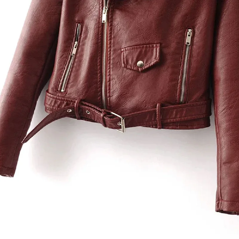 New Women's 2024 Sheepskin  Biker Red Leather Jacket