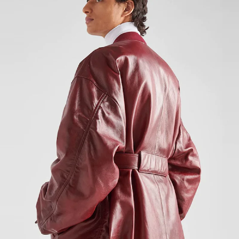 New Women's Sheepskin  Red Oversized Leather Bomber Jacket