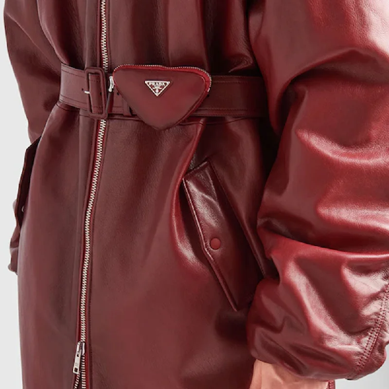 New Women's Sheepskin  Red Oversized Leather Bomber Jacket