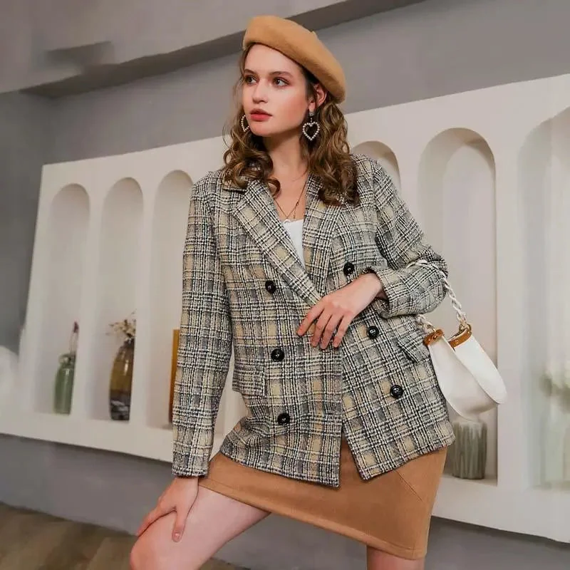 Women Blazer Coat Causal Long Sleeve Tweed Coat Short Office Ladies Elegant Autumn Winter Plaid Pocket Women Suit Blazer