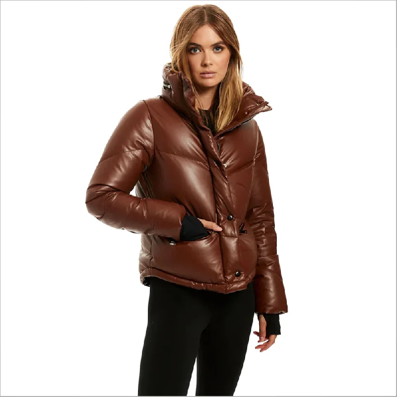 Women Brown Sheepskin Bubble V-Bomber Leather Jacket