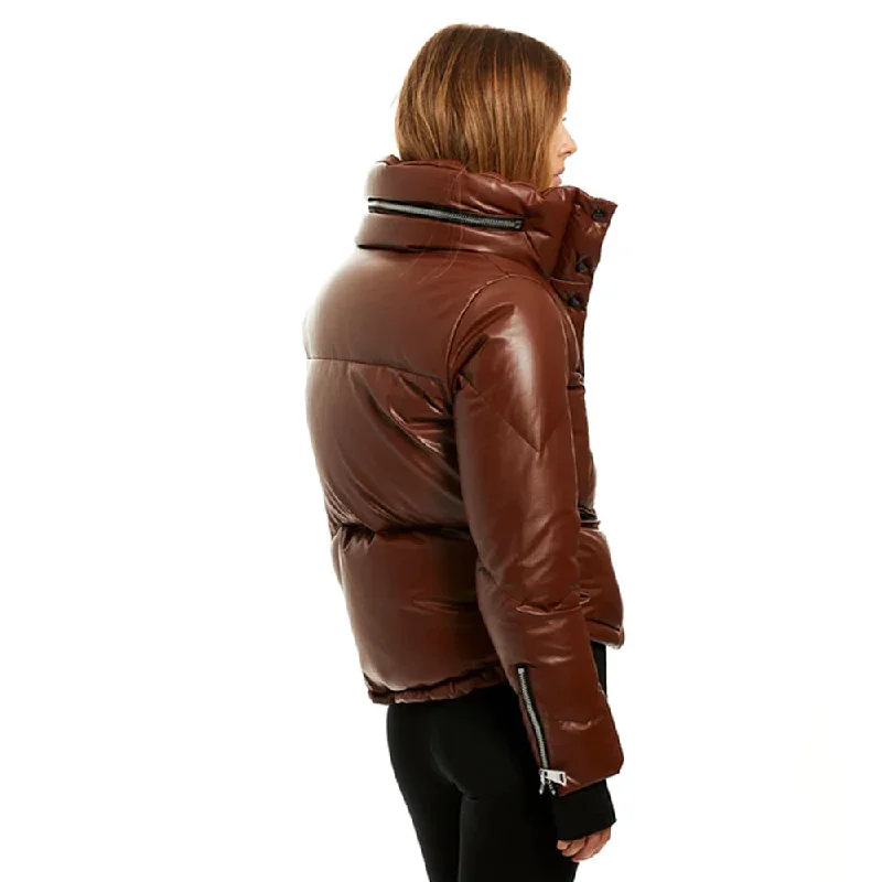 Women Brown Sheepskin Bubble V-Bomber Leather Jacket