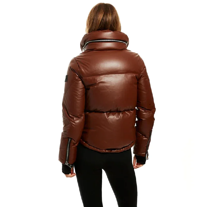 Women Brown Sheepskin Bubble V-Bomber Leather Jacket