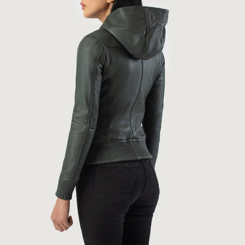 Women Flight Luna Green Hooded Leather Bomber Jacket