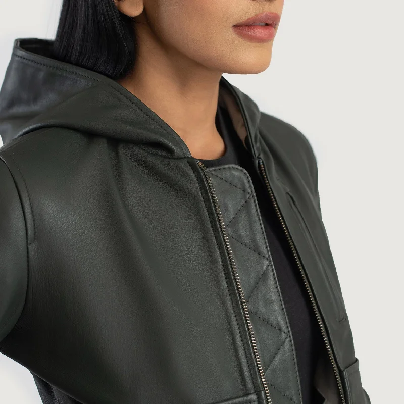 Women Flight Luna Green Hooded Leather Bomber Jacket