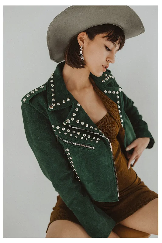 Women Green Studded Style Silver spiked Motorcycle Leather Biker Jacket