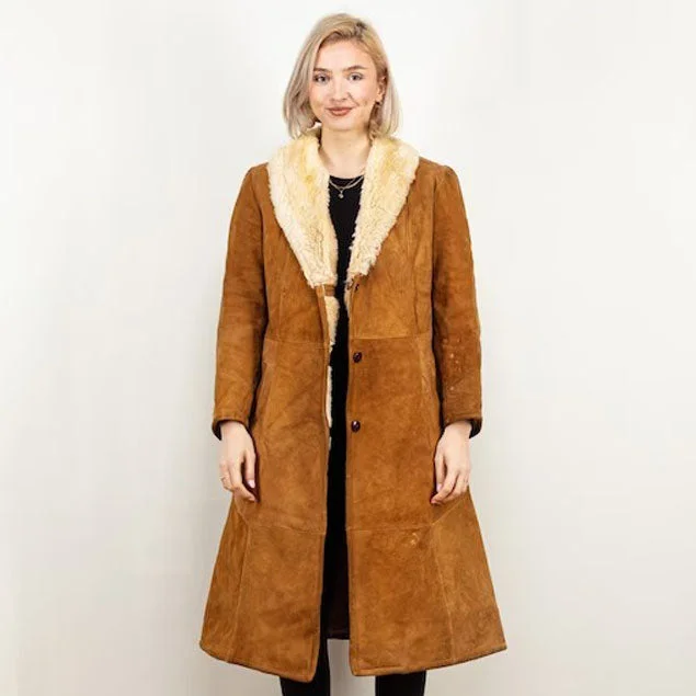 Women Brown Stylish Shearling Trench Coat