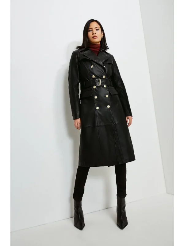 Womens Black Leather Trench Coat With Golden Buttons