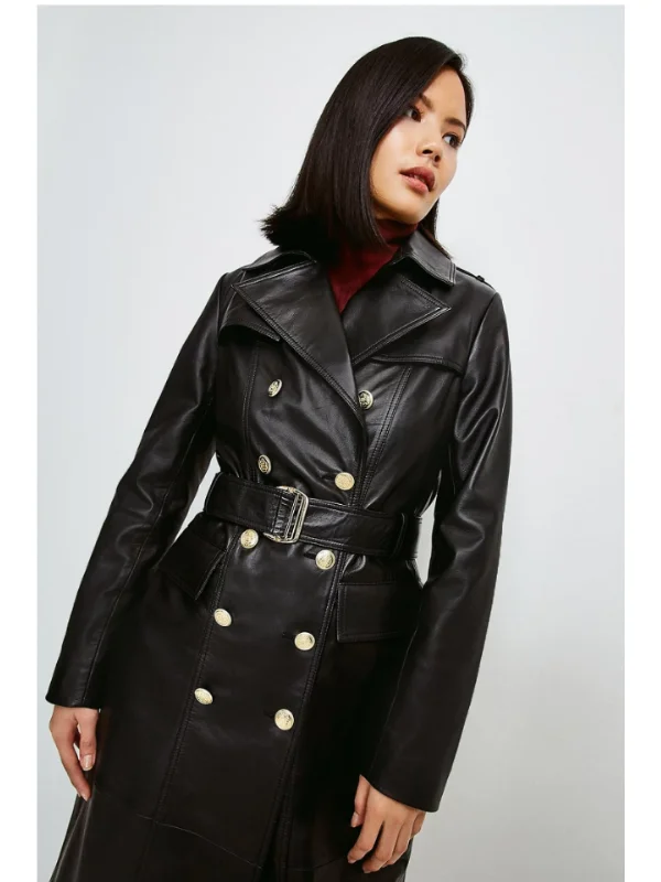 Womens Black Leather Trench Coat With Golden Buttons