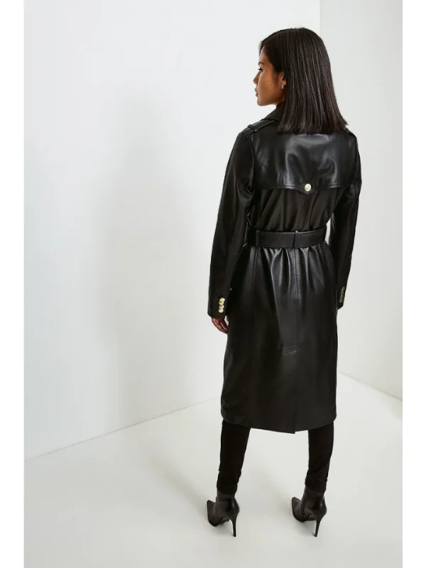 Womens Black Leather Trench Coat With Golden Buttons