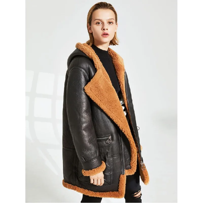 Womens Black Shearling Coat with Warm Hooded