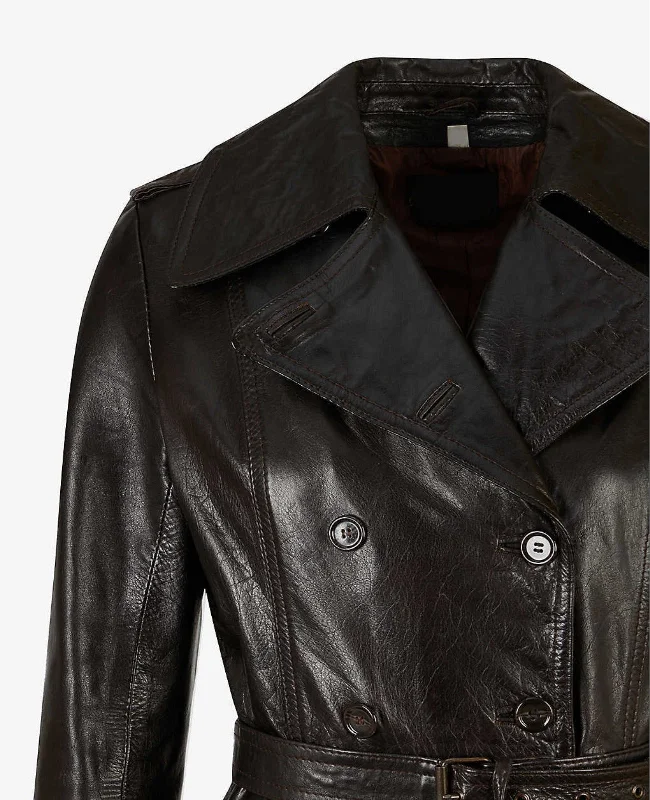 Womens Classic Black Leather Trench Coat