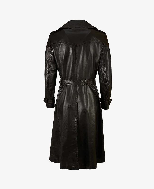 Womens Classic Black Leather Trench Coat