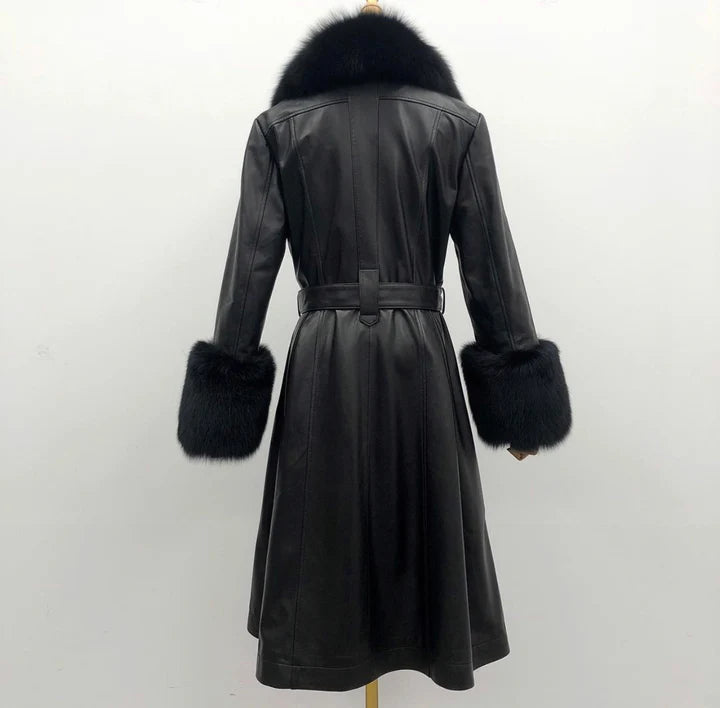 Womens Luxurious Leather Trench Coat With Synthetic Fur