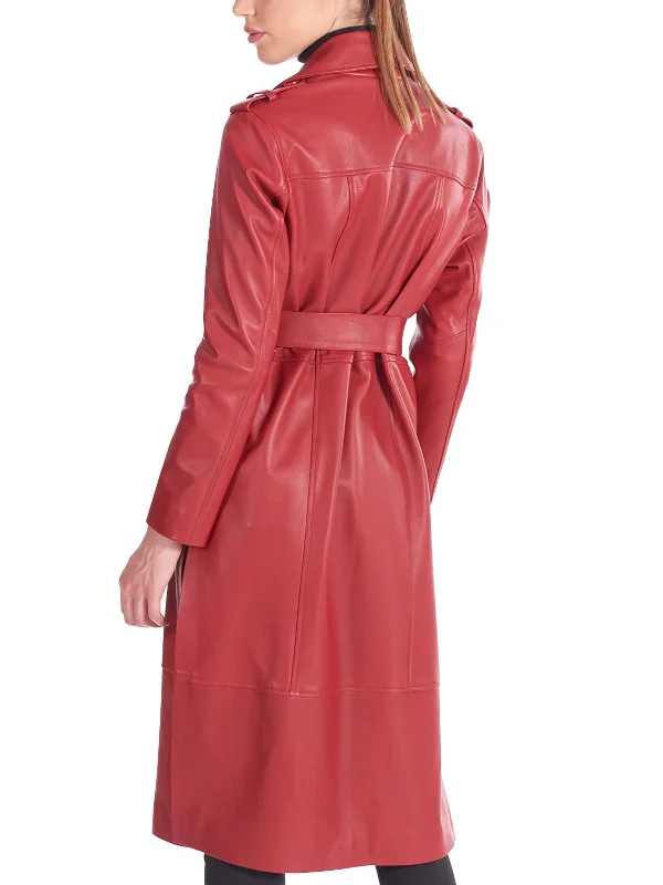 Womens Red Nappa Leather Long Coat