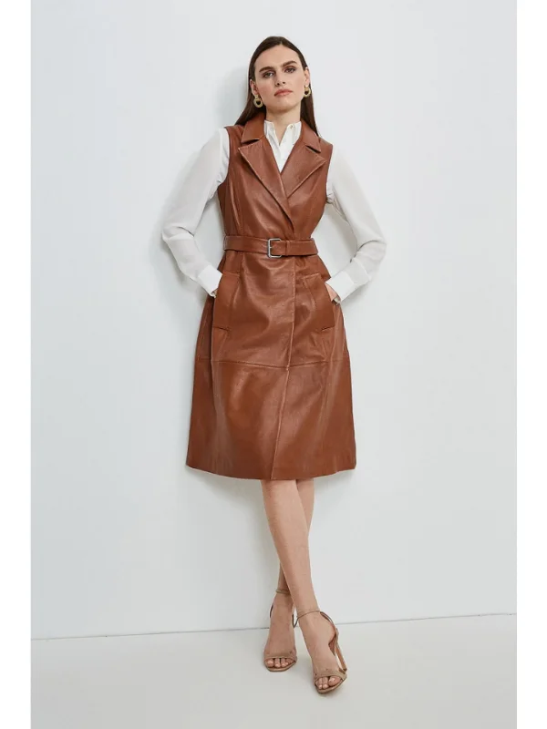 Womens Sleeveless Tan Brown Leather Trench Coat