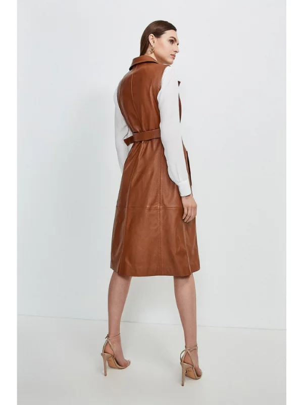 Womens Sleeveless Tan Brown Leather Trench Coat