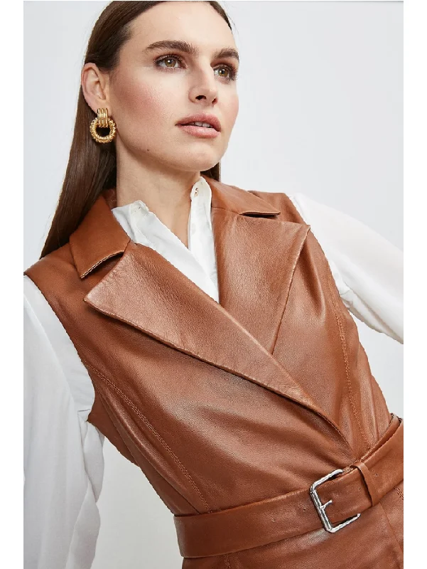 Womens Sleeveless Tan Brown Leather Trench Coat