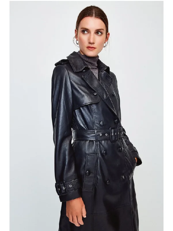 Womens Stylish Black Leather Trench Coat