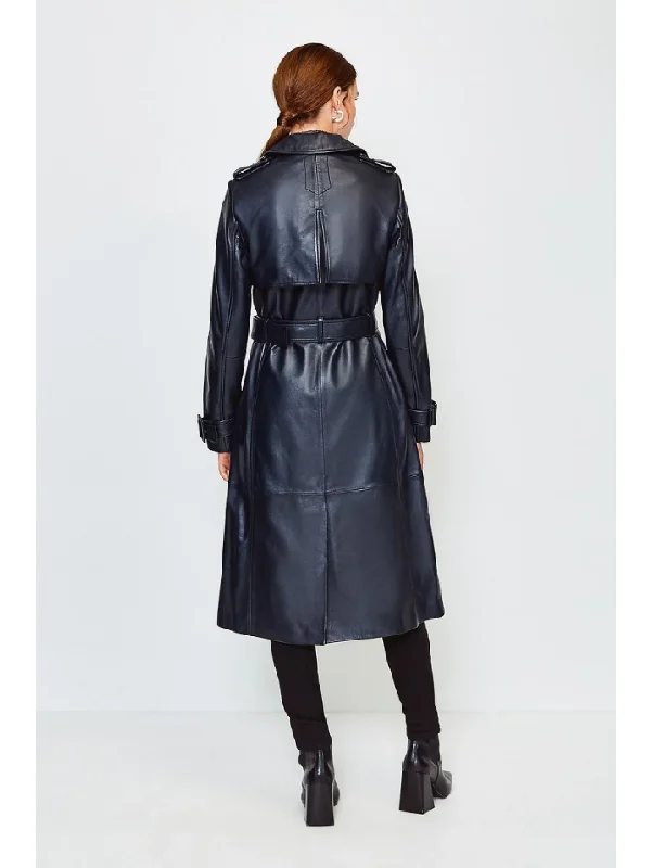 Womens Stylish Black Leather Trench Coat