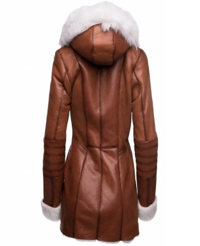 Womens Tan Fur Hooded Shearling Trench Style Leather Coat