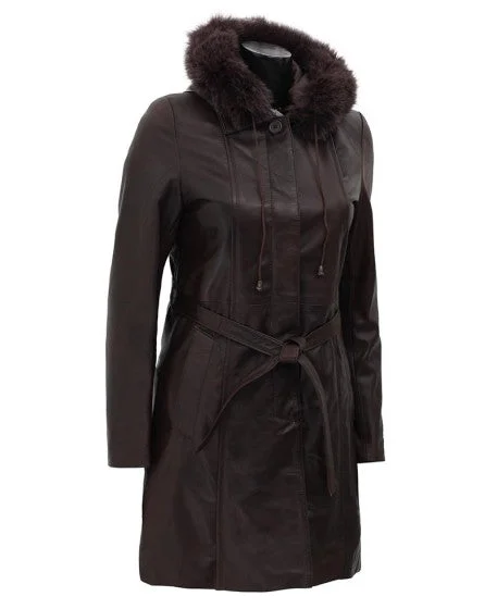 Women's Top Notch Dark Brown Shearling Hooded Leather Coat