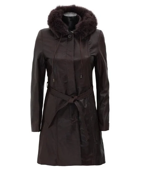 Women's Top Notch Dark Brown Shearling Hooded Leather Coat