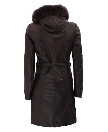 Women's Top Notch Dark Brown Shearling Hooded Leather Coat