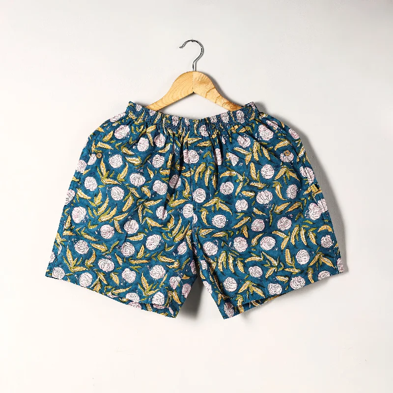 Blue - Sanganeri Block Printed Cotton Unisex Boxer/Shorts