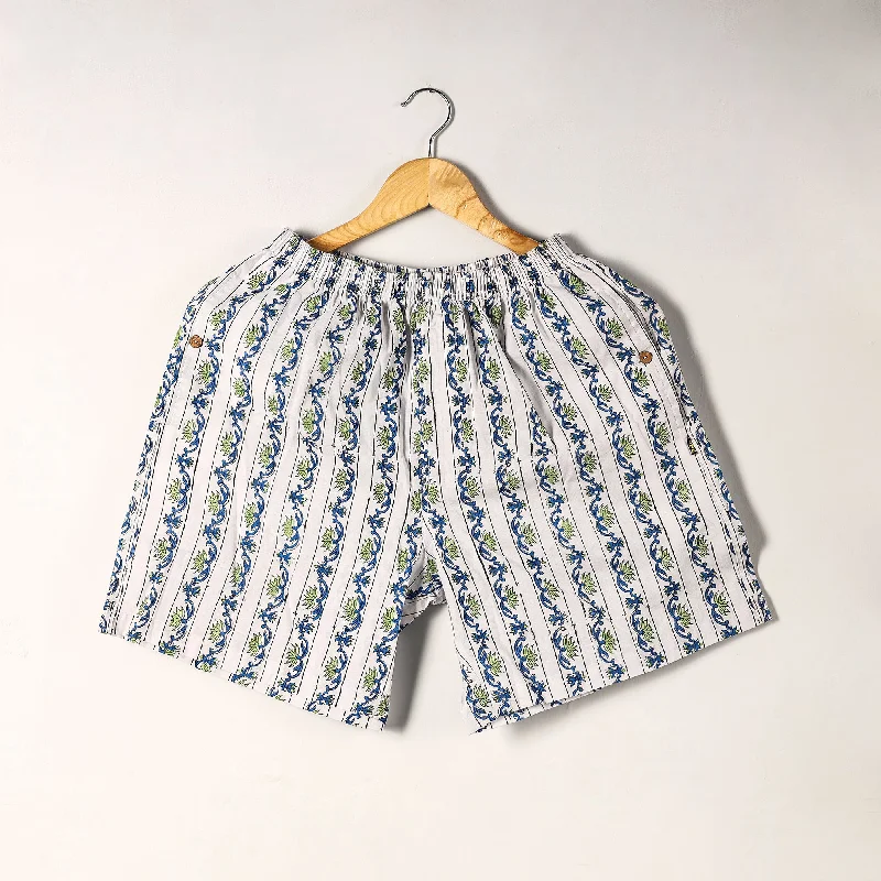 White - Sanganeri Block Printed Cotton Unisex Boxer/Shorts