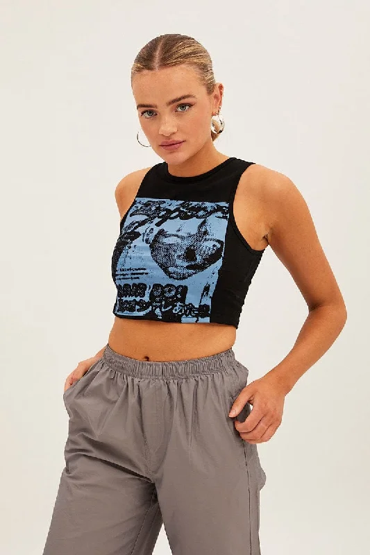 Black Graphic Crop Tank