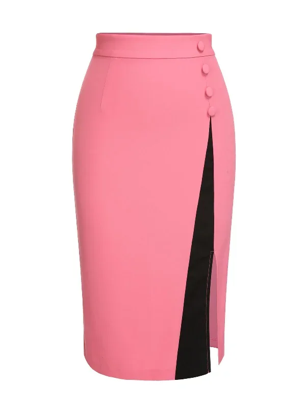 black-pink-1960s-buttoned-patchwork-slit-skirt