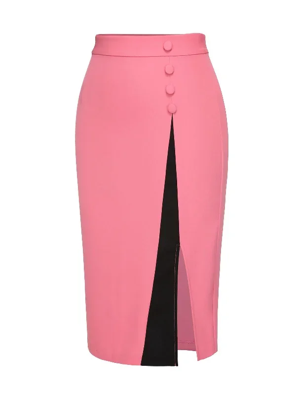 black-pink-1960s-buttoned-patchwork-slit-skirt