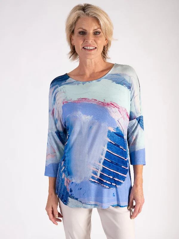 Blue/Multi Abstract Butterfly Jersey Batwing Top