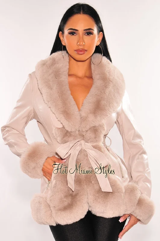 Blush Beige Faux Leather Fur Belted Coat Jacket