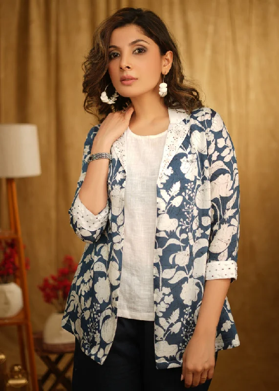 Classy Blue Printed Jacket With Beautiful Embroidery On Collar And Sleeves