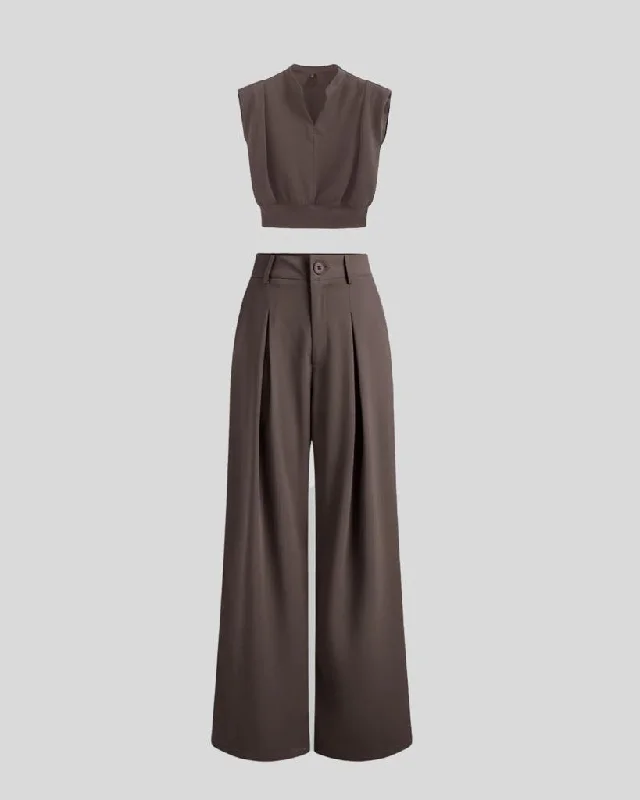 Collared Crop Top With Korean Style Baggy Trouser In Chocolate Brown