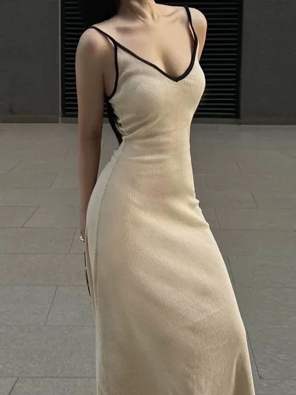 contrast-trim-v-neck-long-dress