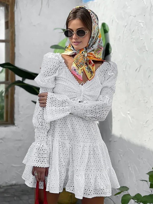 cotton-hollow-out-puff-sleeve-dress