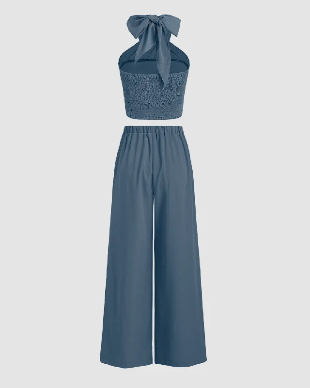 cross-halter-crop-top-drawstring-loose-fit-trousers-in-blue