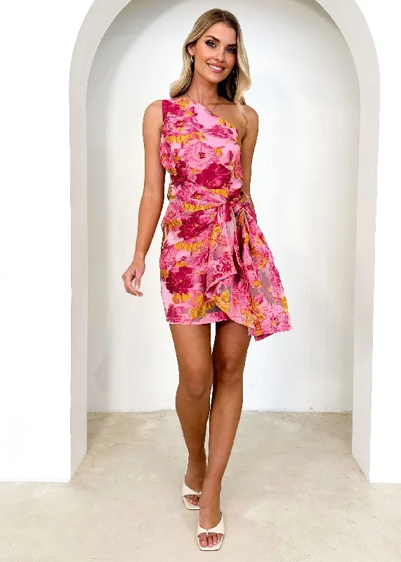 Danney One Shoulder Dress - Pink Jacquard