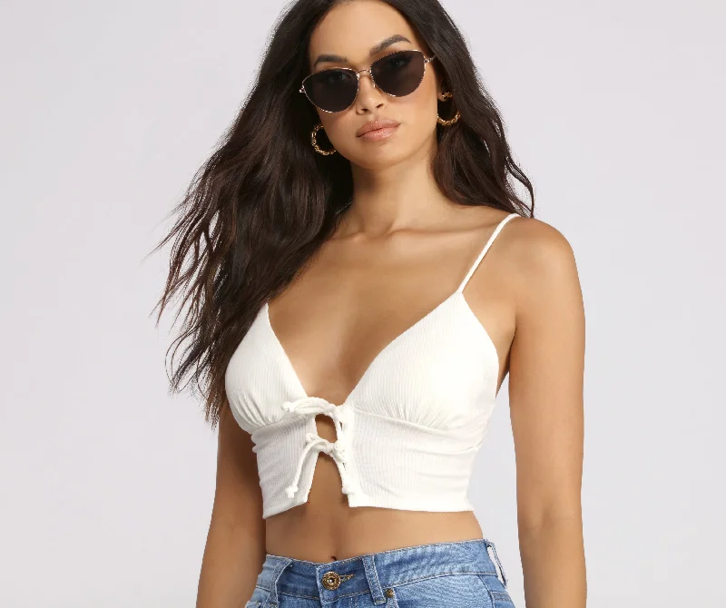 Double Row Tie Front Ribbed Crop Top