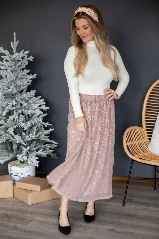 Dusty Rose Lurex Crystal Pleat Midi Skirt